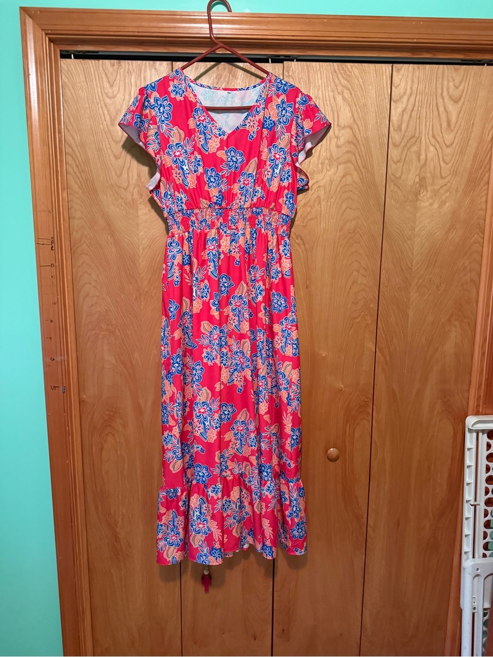 SHEIN Pink Maxi Dress with Blue Floral Print